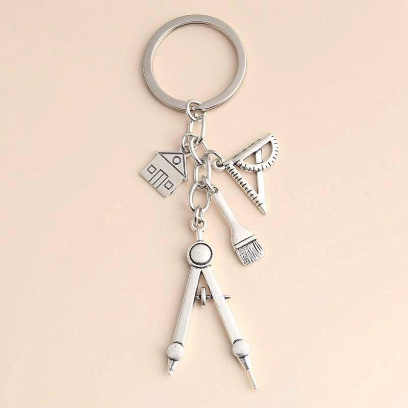 Compass Keychain Mini - Multifunctionele zilveren sleutelhanger, driehoekige liniaal, schilderpasser,